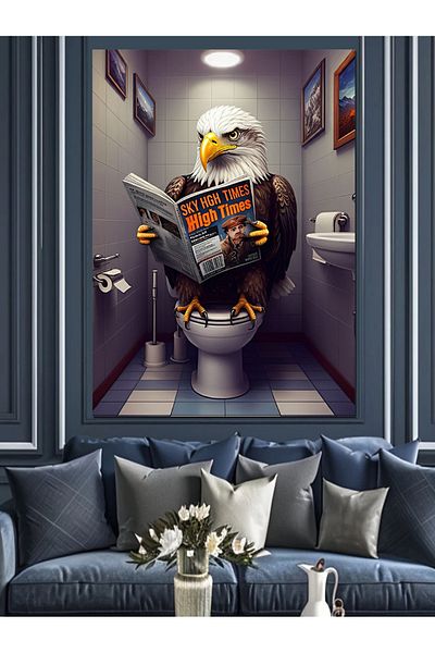 Tablomega Eagle Citind Ziarul pe Toaletă Pânză Decorativă - Lemn MDF
