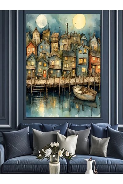 Tablomega Wooden Houses in Water Decorative Canvas - Mdf Wooden Painting