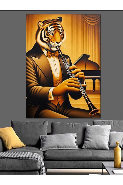 Tablomega Clarinet Playing Tiger Decorative Canvas - Mdf Wooden Painting