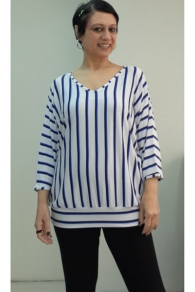 Mertcan Butik White Indigo Blue Navy Striped V-Neck Bat Three-Quarter Sleeve Combed Viscose T-Shirt