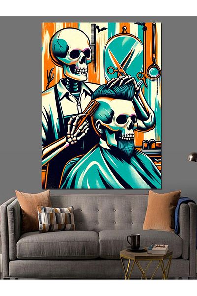 Tablomega Neon Barber Skeleton Decorative Canvas - Mdf Wooden Table