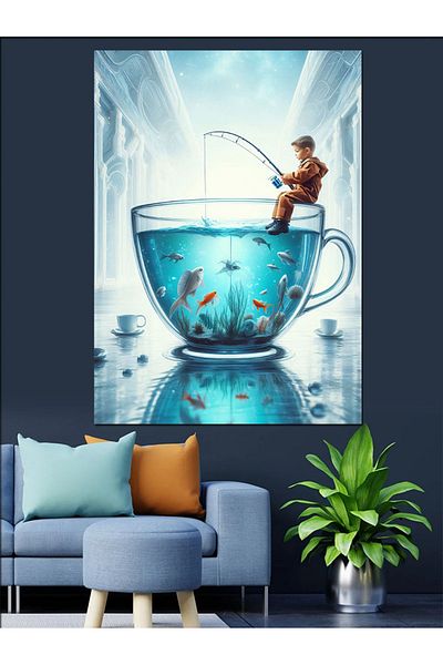 Tablomega Man Holding a Fish in a Teacup Decorative Canvas - Mdf Wooden Painting