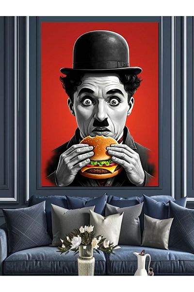 Tablomega Chaplin and Hamburger Decorative Canvas - Mdf Wooden Painting