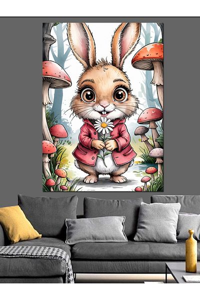 Tablomega Rabbit and Mushrooms Decorative Canvas - Mdf Wooden Painting
