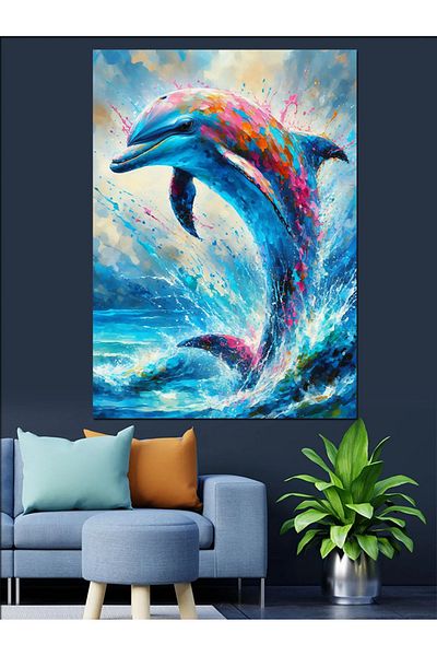 Tablomega Dolphins Jumping in the Ocean Decorative Canvas - Mdf Wooden Painting