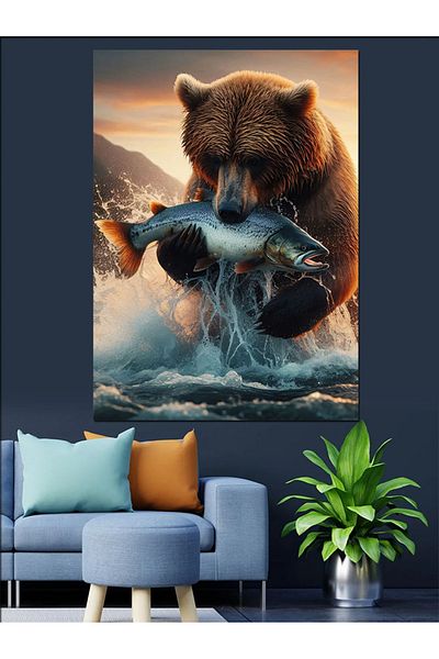 Tablomega Bear Catching Fish Decorative Canvas - Mdf Wooden Painting