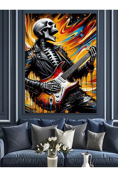 Tablomega Skeleton Playing Guitar Decorative Canvas - Mdf Wooden Painting