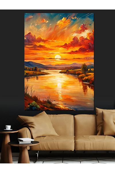 Tablomega Sunset on Lake Landscape Decorative Canvas - Mdf Wooden Painting