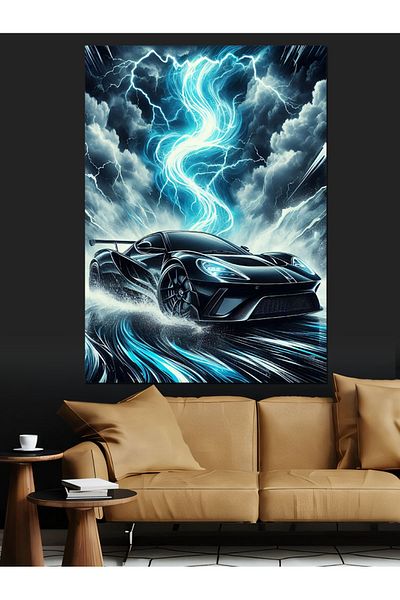 Tablomega Sports Car in the Storm Decorative Canvas - Mdf Wooden Painting
