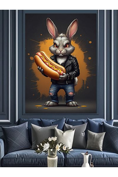 Tablomega Rabbit Holding a Hotdog Decorative Canvas - Mdf Wooden Painting