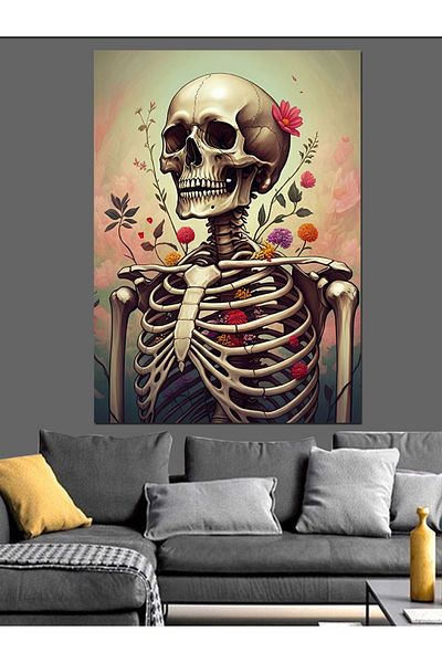 Tablomega Skeleton Decorative Canvas Decorated with Flowers - Mdf Wooden Painting