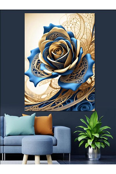 Tablomega Blue Rose Decorative Canvas - Mdf Wooden Table