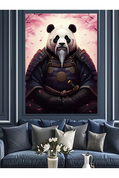 Tablomega Panda Decorative Canvas with Samurai Armor - Mdf Wooden Painting