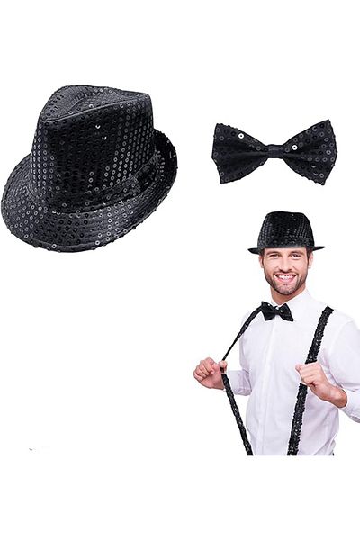 SAVA HOME COLLECTİON Black Sequin Hat and Bowtie Set - Adult Costume Kit with Glitter