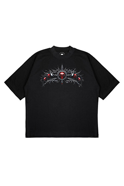 PURE EFFECT Unisex majica sa širokim krojem, otisnutom crvenom očima i lubanj...