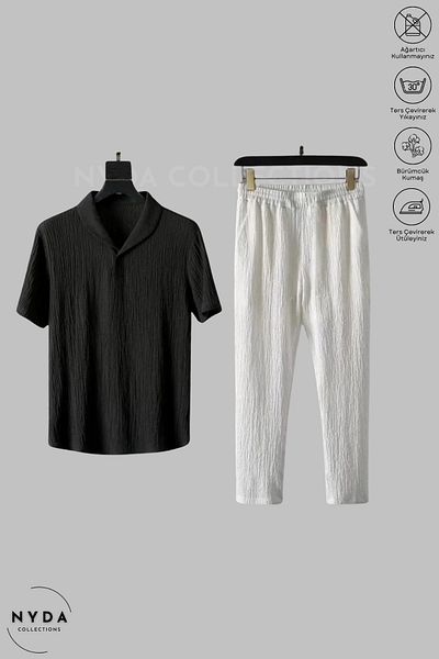 Nyda Collections Lycra Crinkle Fabric Summer - Short Sleeve T-Shirt - White / Black Tracksuit Set