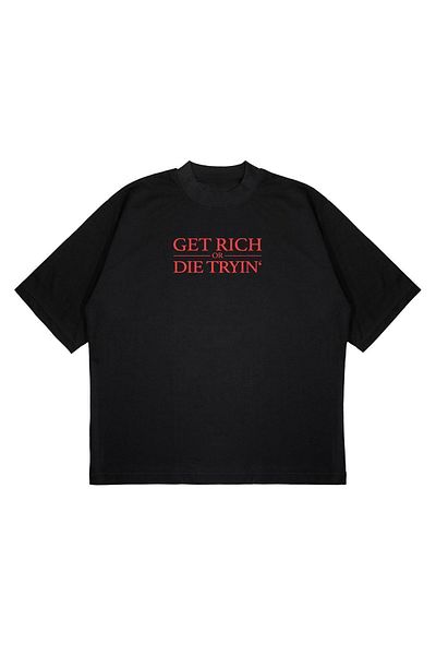 PURE EFFECT Unisex Oversize Get Rich Or Die Tryin Μπλουζάκι με στάμπα με στάμπα με χοντρό ύφασμα