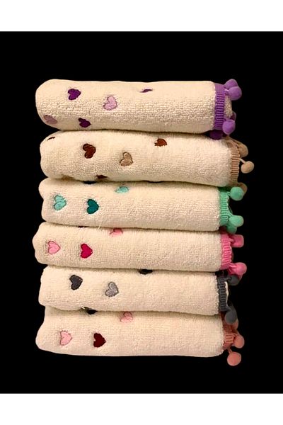 yörük tuhafiye 6 Pieces Heart Embroidered Velvet Towel Set with Pompom Kitchen Towels 30X50 cm