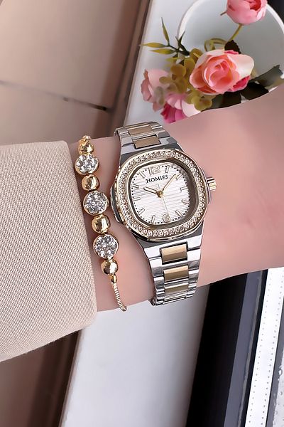 Homies Special Boxed Stone Women's Wristwatch Waterproof Gold Silver Steel Cord Gift Bracelet Hmby2030C6