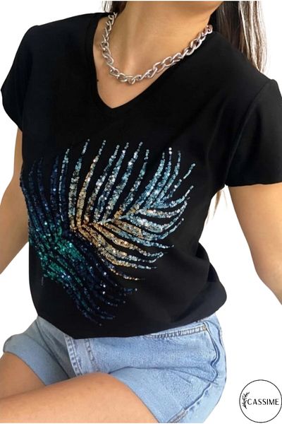 Cassime Tricou negru cu decolteu în V, 100% bumbac, brodat cu paiete, frunze, S-m-l