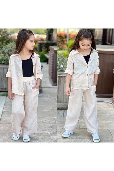 Miss Esilay Boutique Female Child Muslin Fabric Stone Shirt Pants Thsort Set