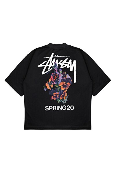 PURE EFFECT Unisex Oversize Stussy Flower Bucket Baskılı Boxy Fit Kalın Kumaş...