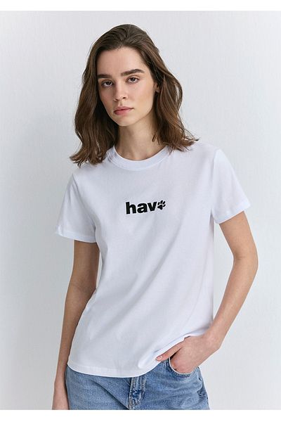 Mavi tricou de damă cu imprimeu haw, cu croiala normală