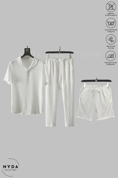 Nyda Collections Bürümcük Suit Lycra Crinkle Fabric Summer Women's Men's T-Shirt White Tracksuit Shorts 3 Piece Suit