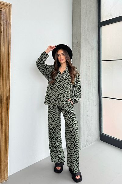 Mezka Women's Khaki Black Patterned Comfortable Linen Bottom Top Set