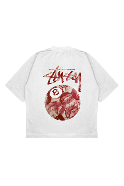 PURE EFFECT تي شيرت Stussy 8 وردي اللون مقاس كبير للجنسين من القماش السميك