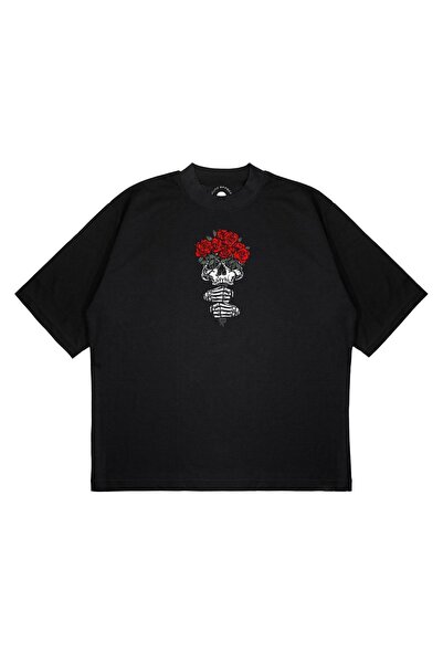 PURE EFFECT Unisex Oversize kroj Lubanja i crvene ruže Štampano Kutijasti kro...
