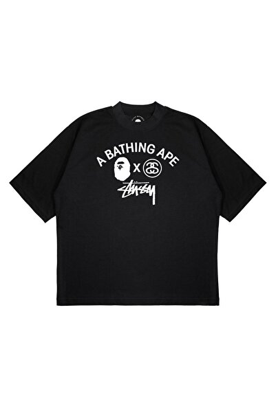 PURE EFFECT تي شيرت من القماش مقاس كبير للجنسين مطبوع عليه Stüssy & A Bathing...