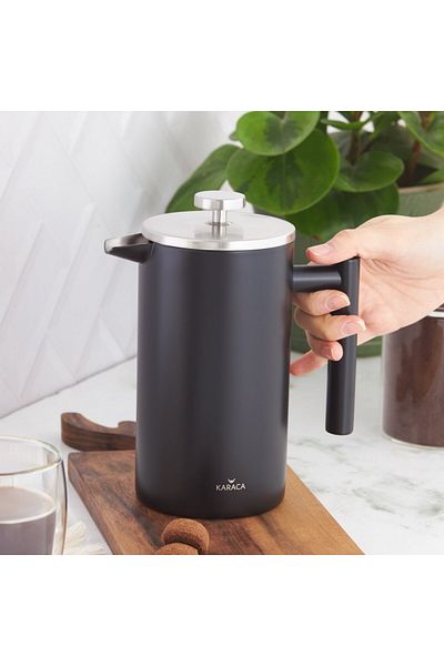 Karaca Stainless Steel Double Wall French Press, 1000ML, Matte Black Silver