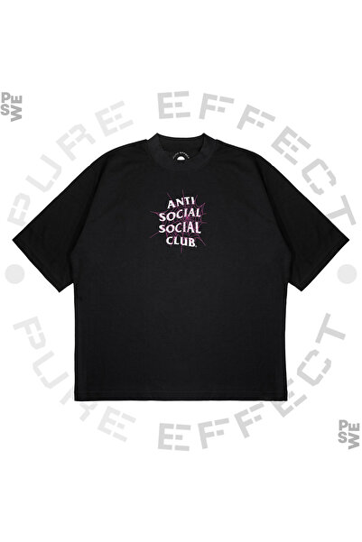 PURE EFFECT Tricou unisex oversize anti social social cu pânză de păianjen imprimat cu potrivire în formă de pânză groasă