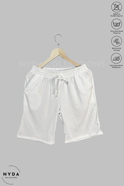 Nyda Collections Bürümcük Suit Lycra Crinkle Fabric Summer Women's Men's T-Shirt White Tracksuit Shorts 3 Piece Suit