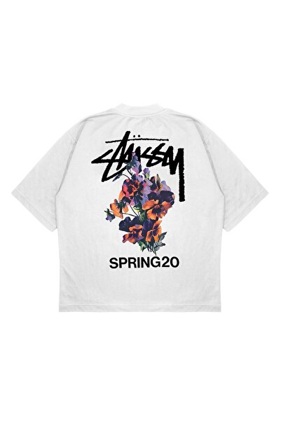 PURE EFFECT تي شيرت ستيسو فلور باكيت مطبوع بمقاس كبير للجنسين، قماش سميك (240...