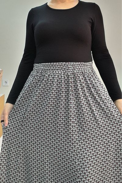Mertcan Butik Χακί πράσινη καρδιά μοτίβο ελαστική μέση έξι τεμαχίων χτενισμένη βισκόζη φούστα