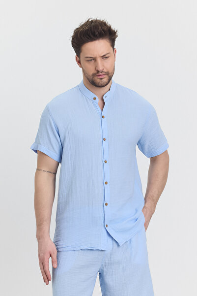 TCT TEKSTİL Cămașă pentru bărbați - Cămașă cu mânecă scurtă cu guler Halim din muselină - 4080