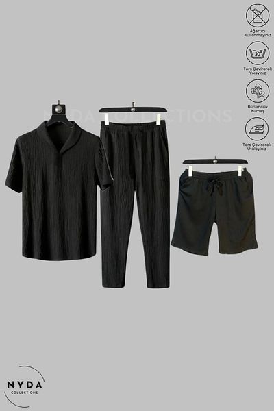Nyda Collections Lycra Crinkle Fabric Summer T-Shirt Black Sweatpants Shorts 3 Grinds Wrap Set
