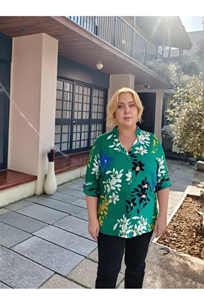 vividbutik Large Size Leaf Patterned Green Shirt