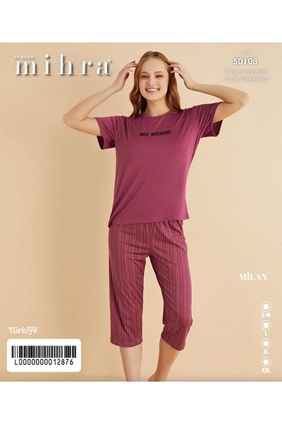 Mihra Women's Crew Neck Milan Lycra Capri Short Sleeve Pajama Set 50108m - 1 Piece