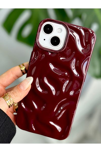 Go Aksesuar 3D Embossed Burgundy Glossy Silicone Case Compatible with iPhone 13 - 14 and 15