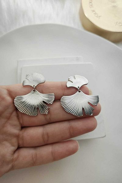 KYOLA DESİGN Ginkgo Leaf Dangle Silver Color Earrings