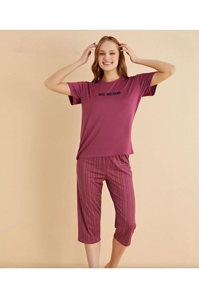 Mihra Women's Crew Neck Milan Lycra Capri Short Sleeve Pajama Set 50108m - 1 Piece