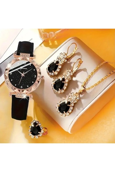 Mumicemum Kadın Vintage Saat Analog ve Kolye+Küpe+Yüzük Takı Seti, 5 adet/takım
