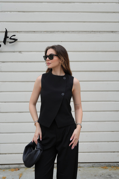 QUREKLİ Women's Anthracite Asymmetrical Button Detailed Vest