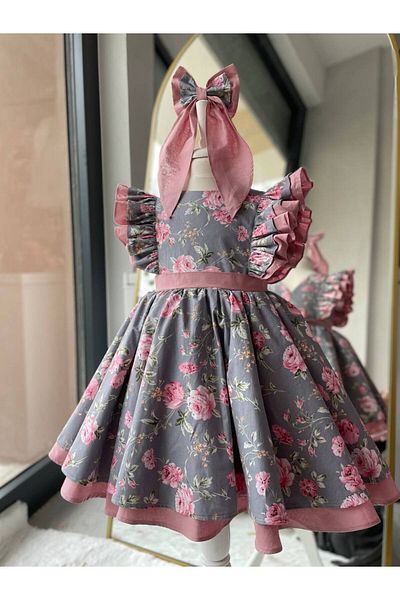 Sare Çocuk Giyim Girl's Princess Ballerina Model Dress, Gray Powder Rose Printed Birthday Design Evening Dress + Buckle