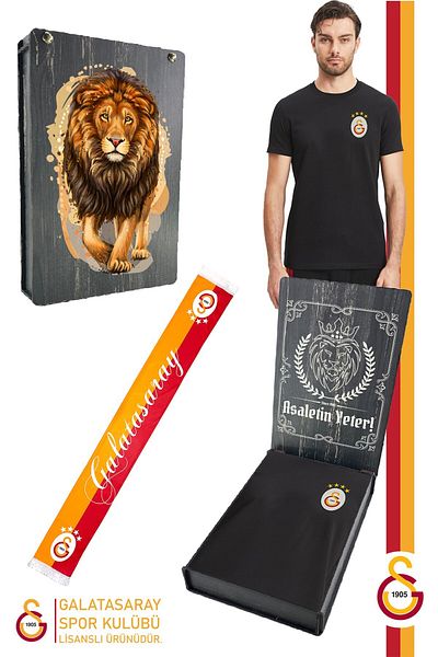 Galatasaray Μαύρο Basic T-Shirt + Kaşkol Σετ με αυθεντικό ξύλινο κουτί ναρκωτικών