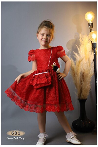 BERFONZO KIDS Girl's Red Dress with Bag Eid Graduation Prom Party Show Dress