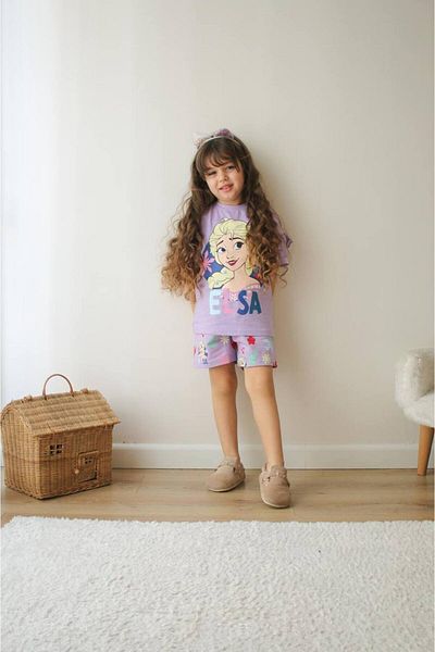 SACRO KİDS Elsa Printed Shorts-T-Shirt Summer Girl Set
